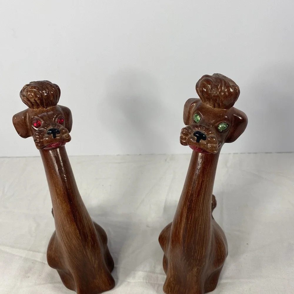 Vintage Dog Figurine Pair Faux Wood Mid Century Style Retro Decor Hong Kong